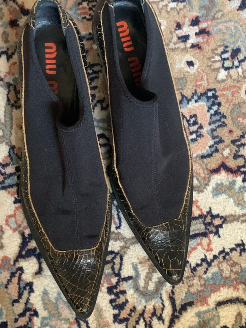 Miu Miu Black Pointed Slip-On Flats with Cracked Gold-Trim Toe